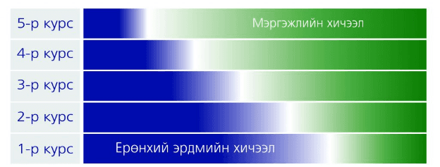 Курс ахих тусам ерөнхий эрдмийн болон мэргэжлийн хичээлийн харьцаа